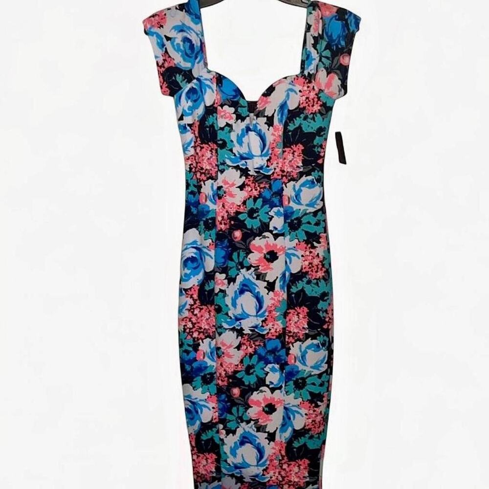 Hot Miami Styles Blue Pink Floral Queen Anne Empire Bodycon Dress - Size M